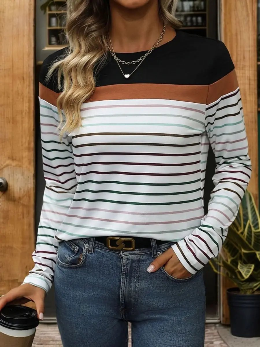 Perfee Striped Round Neck Long Sleeve T-Shirt - Love Salve